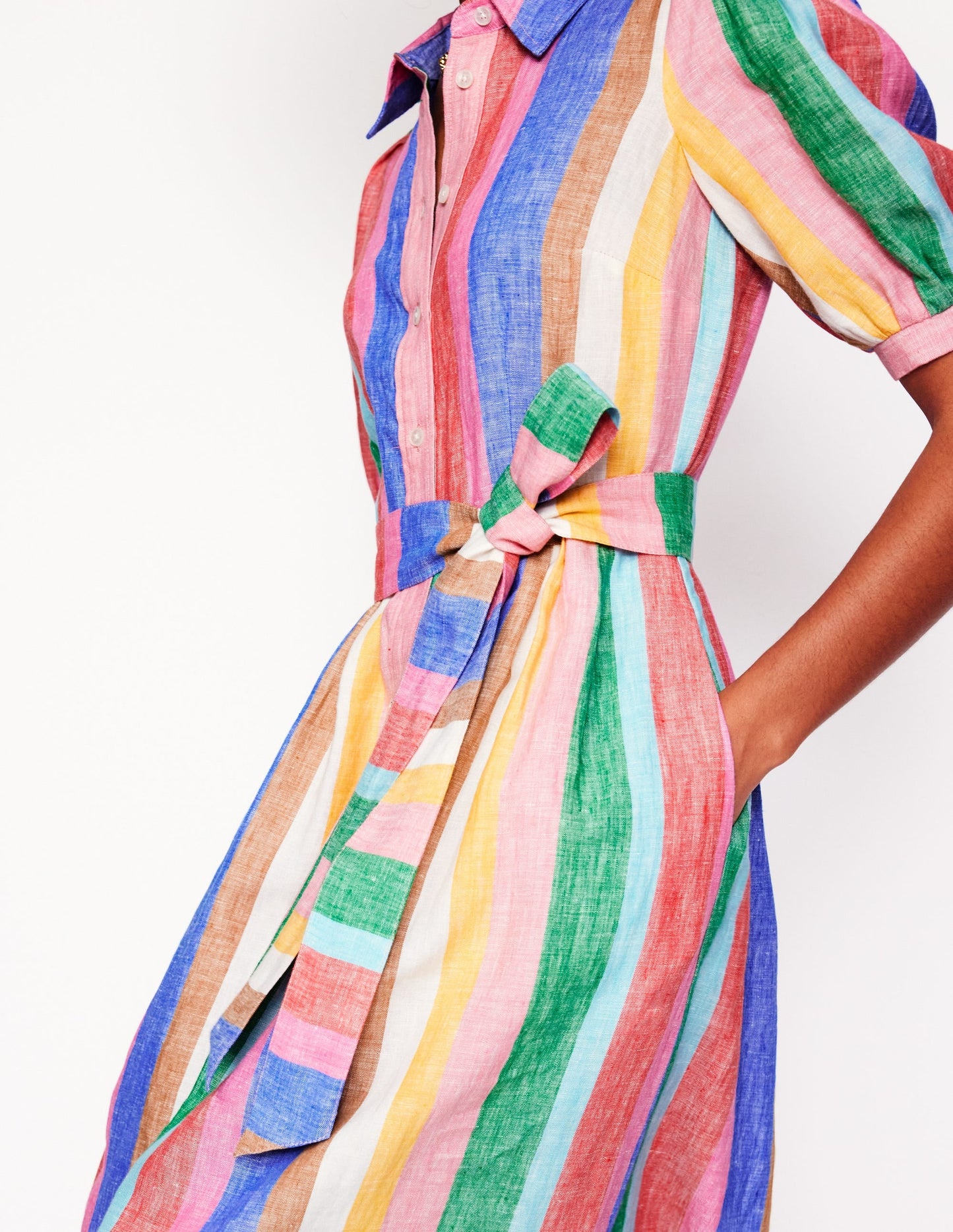 Alexa Linen Maxi Shirt Dress-Bright Rainbow Stripe