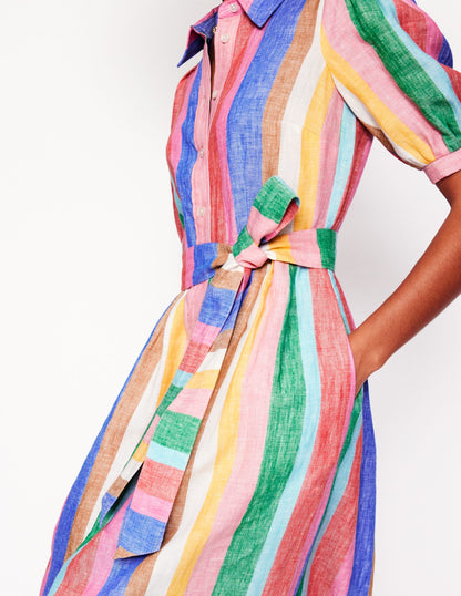 Alexa Linen Maxi Shirt Dress-Bright Rainbow Stripe