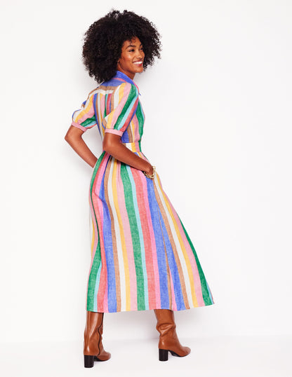 Alexa Linen Maxi Shirt Dress-Bright Rainbow Stripe
