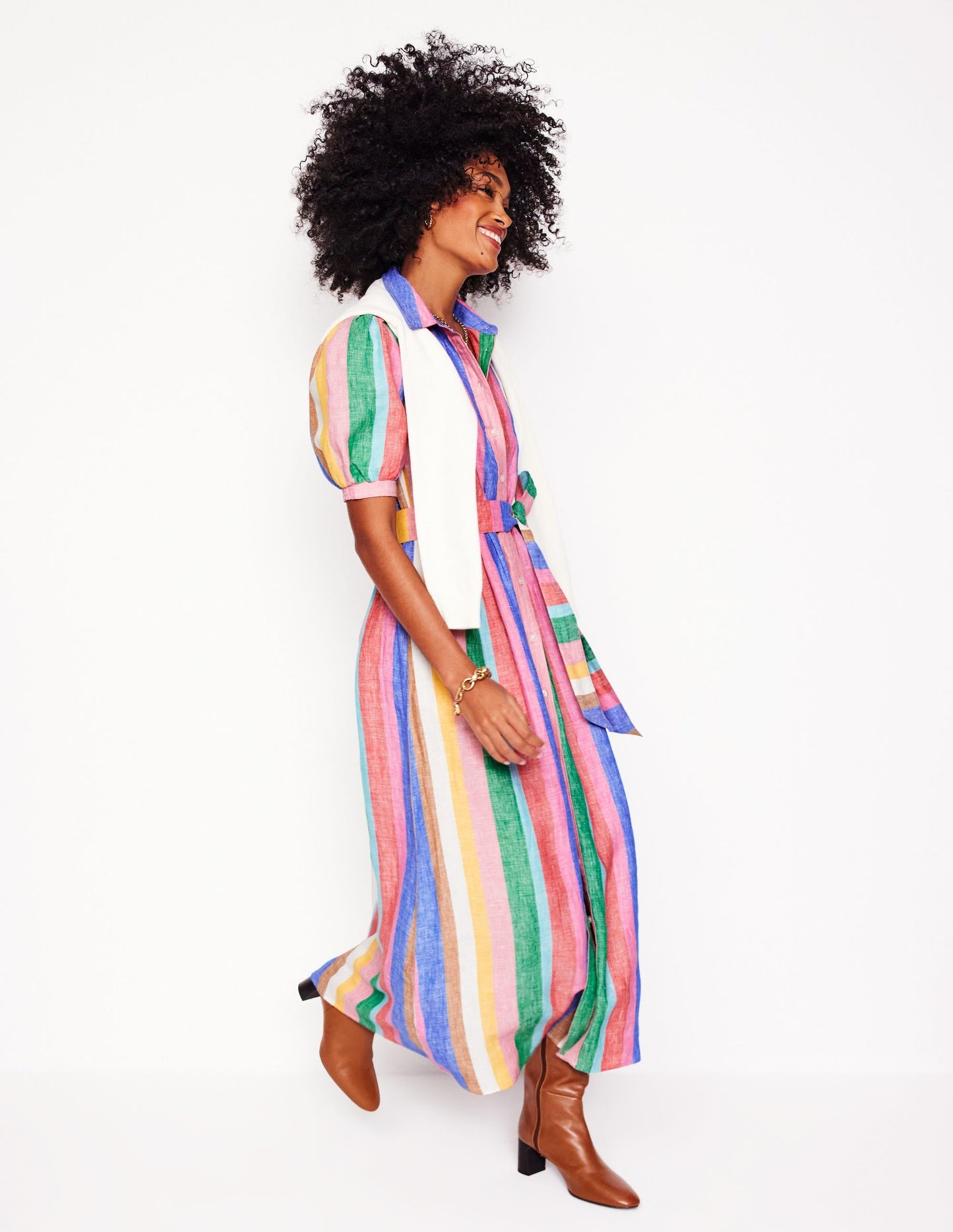 Alexa Linen Maxi Shirt Dress-Bright Rainbow Stripe