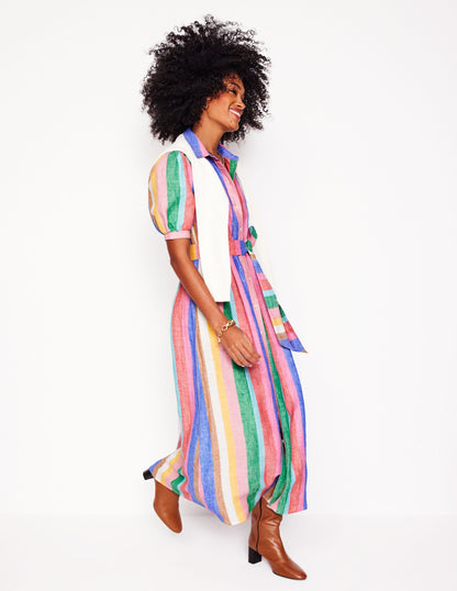 Alexa Linen Maxi Shirt Dress-Bright Rainbow Stripe
