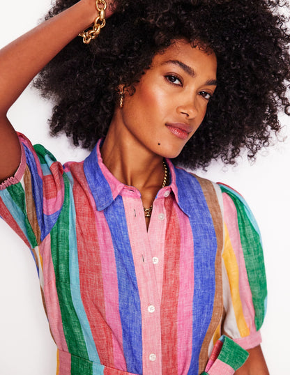 Alexa Linen Maxi Shirt Dress-Bright Rainbow Stripe