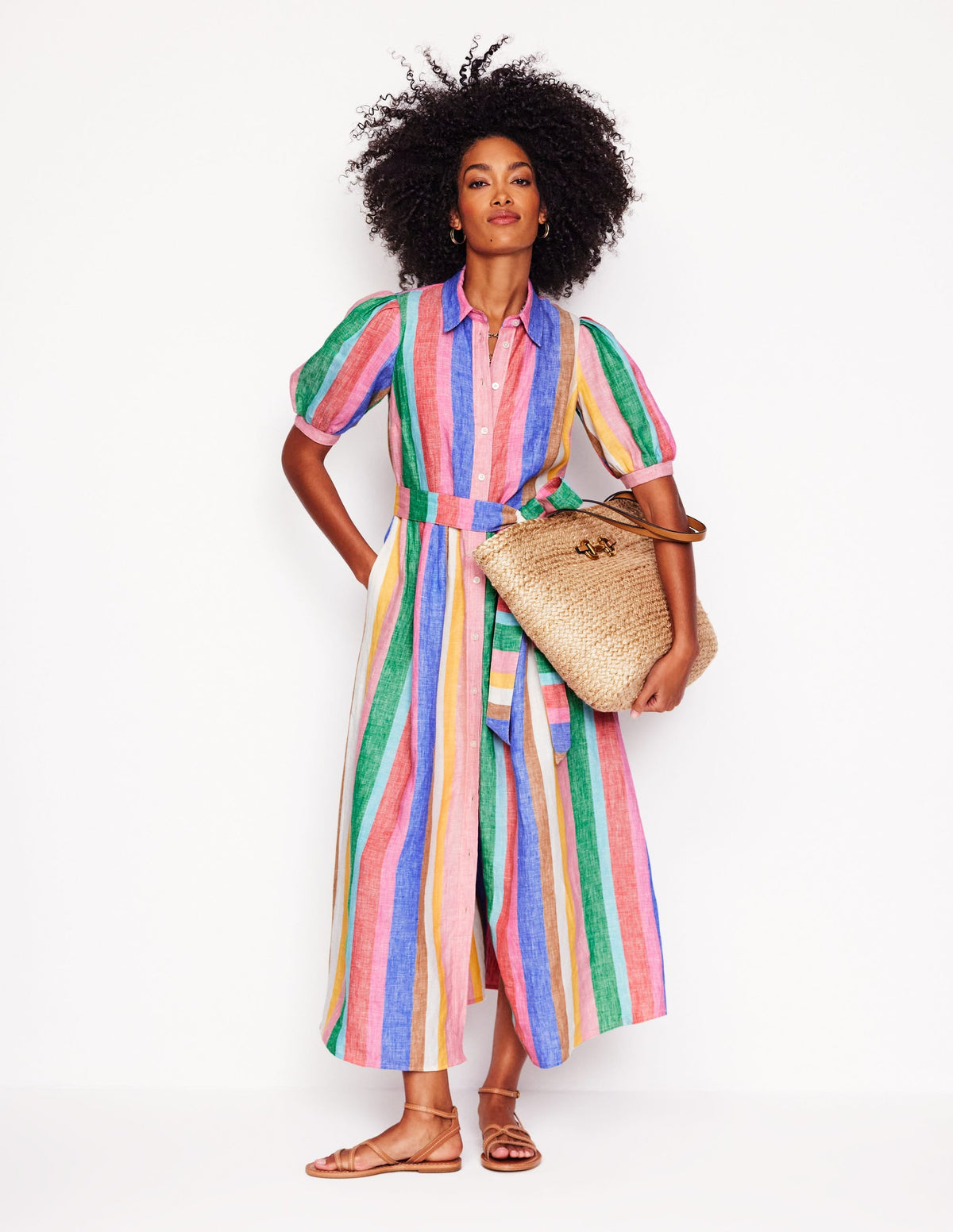 Alexa Linen Maxi Shirt Dress-Bright Rainbow Stripe