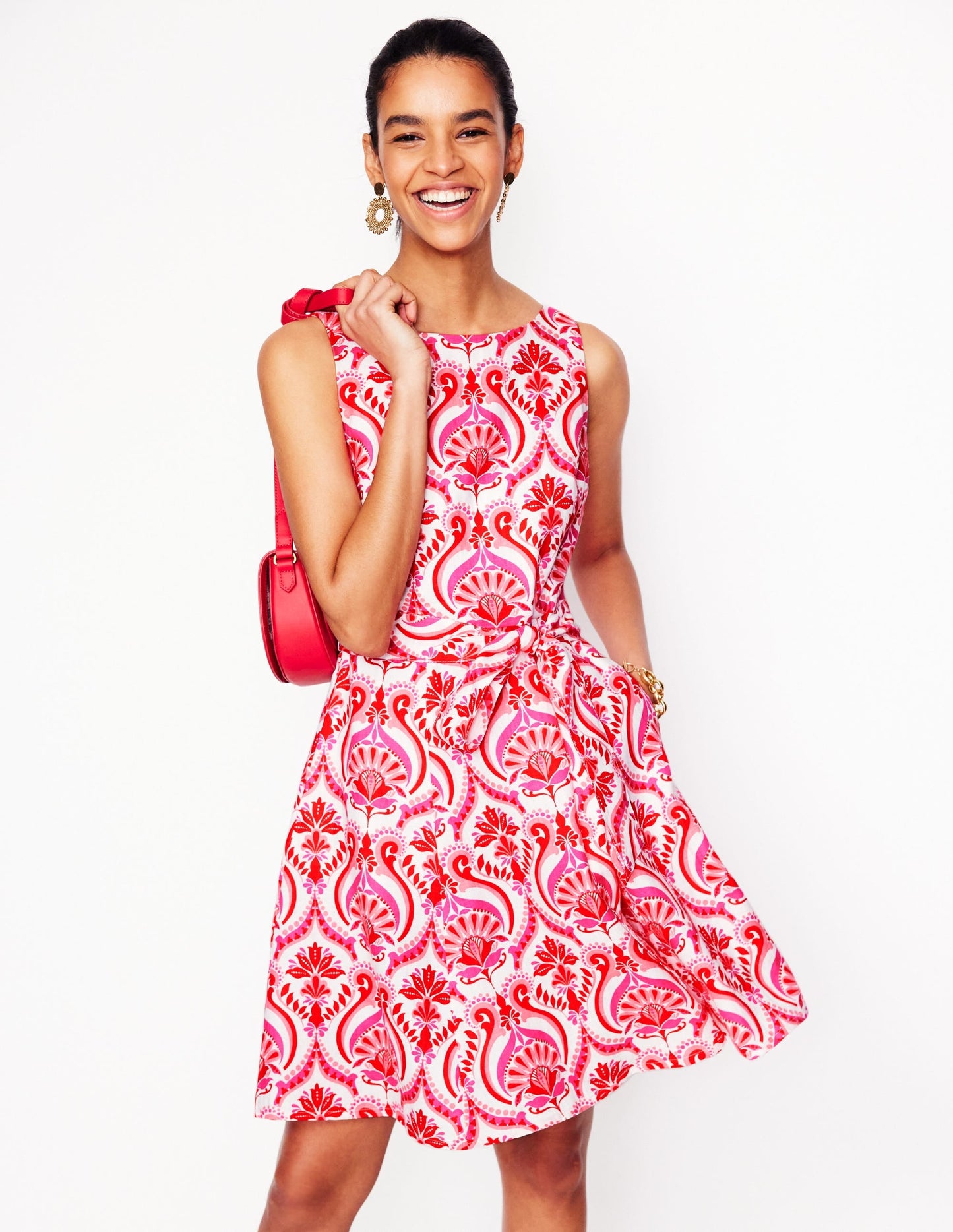 Anya Sleeveless Linen Dress-Poppy Red, Ornamental Floral