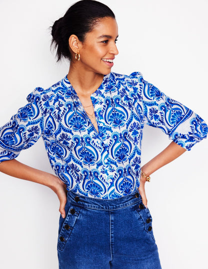Alicia Linen Top-Blue, Ornamental Floral