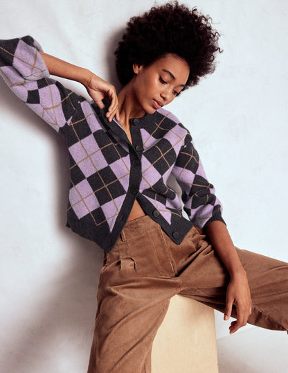 Abi Jacquard Cardigan-Lilac, Charcoal Melange Argyle