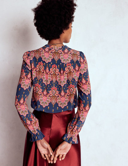 Alice Frill Front Silk Top-Navy, Embellished Paisley