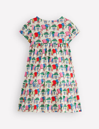 Ariel Twirly Jersey Dress-Multi Elephant Woodblock