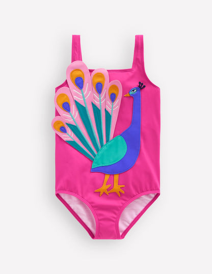 Appliqué Swimsuit-Pink Peacock