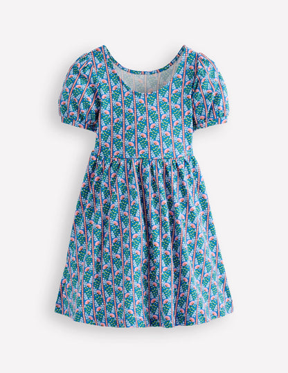 Ballerina Jersey Dress-Kingfisher Blue Floral Vine