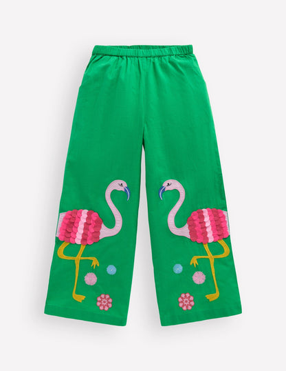 Applique Pull-on Pants-Green Flamingos