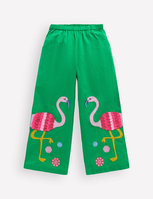 Applique Pull-on Pants-Green Flamingos