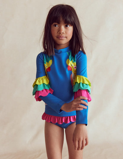 Appliqué Rash Vest Set-Azure Blue Parrot