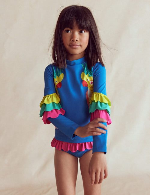 Appliqué Rash Vest Set-Azure Blue Parrot