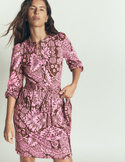 Adele Belted Jersey Dress-Raw Umber, Arabesque Meadows