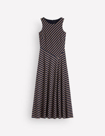 Asymetric Ponte Midi Dress-Navy and Camel Stripe