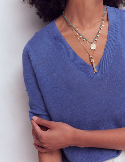 Agnes Linen V Neck T-Shirt-Solid Blue