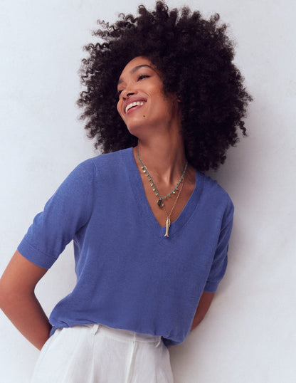 Agnes Linen V Neck T-Shirt-Solid Blue