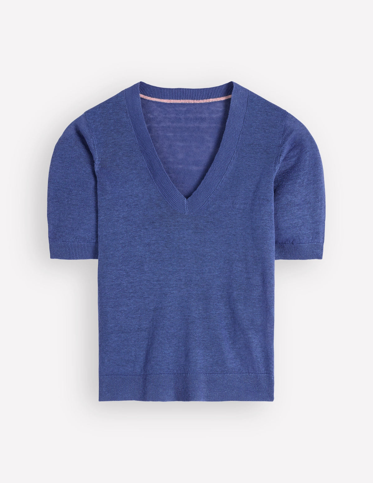 Agnes Linen V Neck T-Shirt-Solid Blue