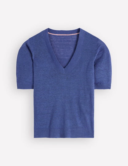 Agnes Linen V Neck T-Shirt-Solid Blue