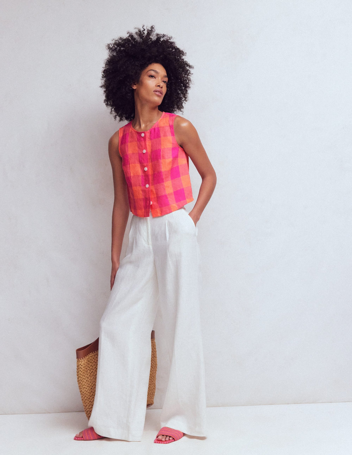 Andrea Linen Shell Top-Zesty Orange, Pink Gingham