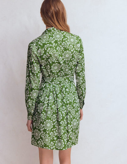 Alexa Long Sleeve Short Dress-Green, Decorative Blossom