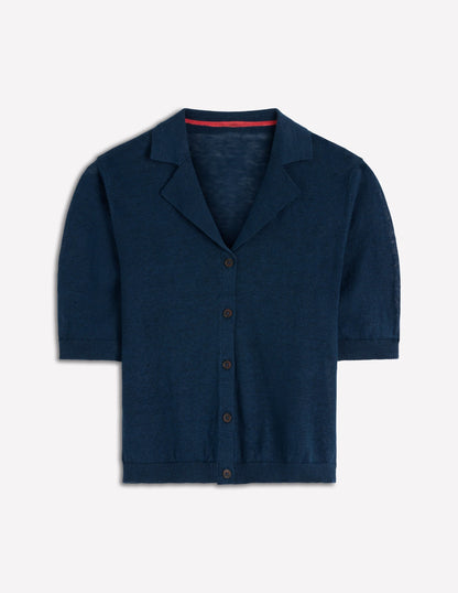 Agnes Collar Linen Cardigan-Navy