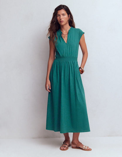 Alba Smocked Jersey Midi Dress-Drake Green