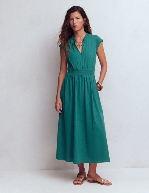 Alba Smocked Jersey Midi Dress-Drake Green