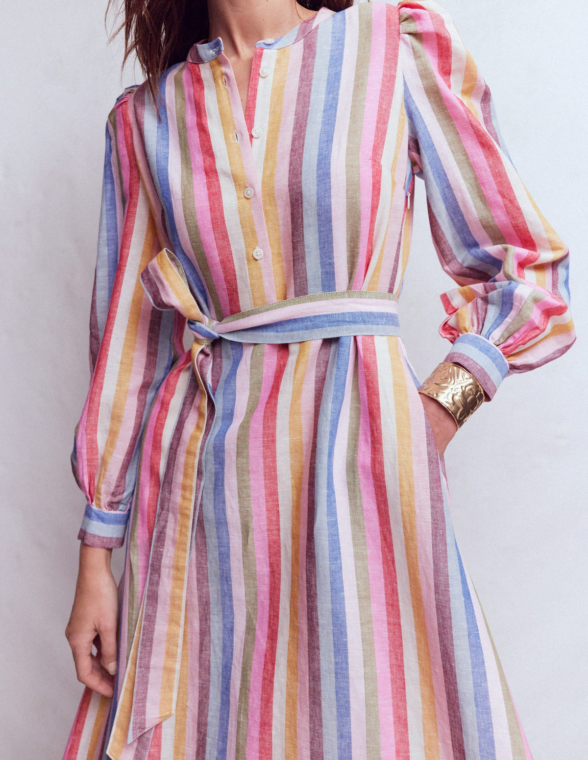 Ava Linen Blend Midi Dress-Pink, Green, Purple Multi