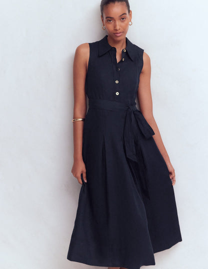 Belinda Linen Shirt Dress-Navy