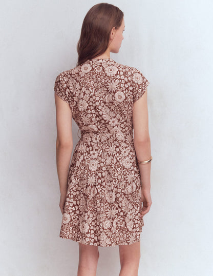 Arabella Short Linen Dress-Brown Flowerbed Bloom