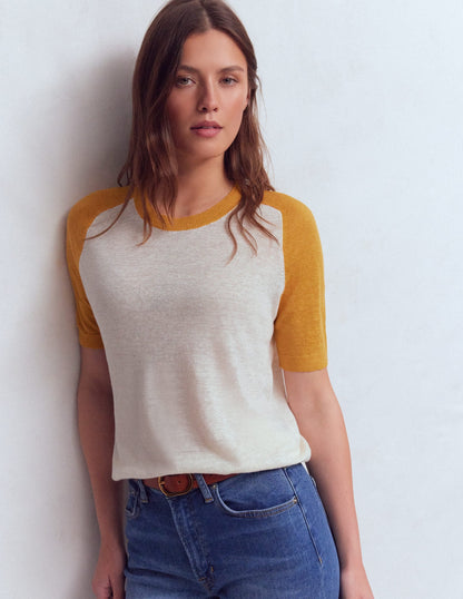 Agnes Linen Button T-Shirt-Yellow, Colour Block