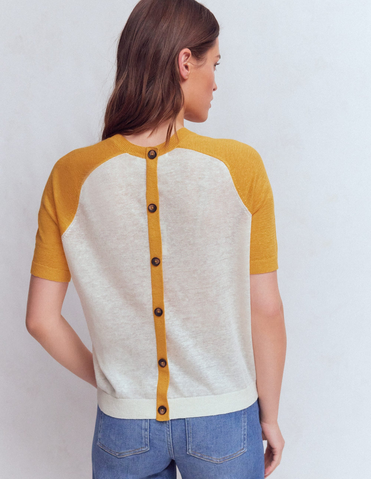 Agnes Linen Button T-Shirt-Yellow, Colour Block