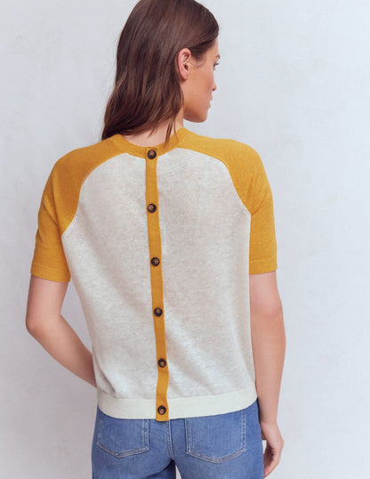 Agnes Linen Button T-Shirt-Yellow, Colour Block