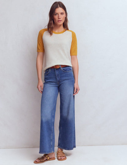 Agnes Linen Button T-Shirt-Yellow, Colour Block