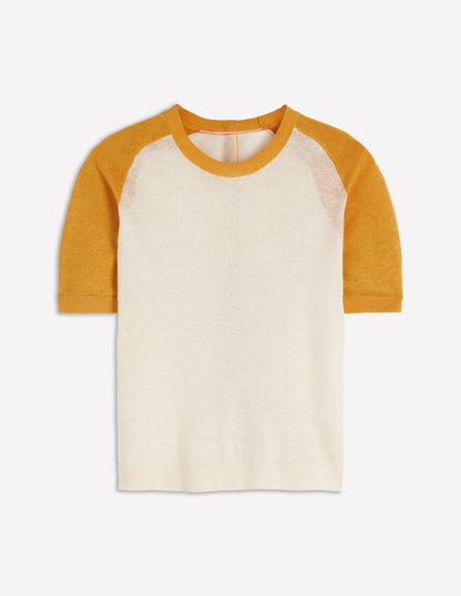 Agnes Linen Button T-Shirt-Yellow, Colour Block