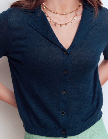 Agnes Collar Linen Cardigan-Navy