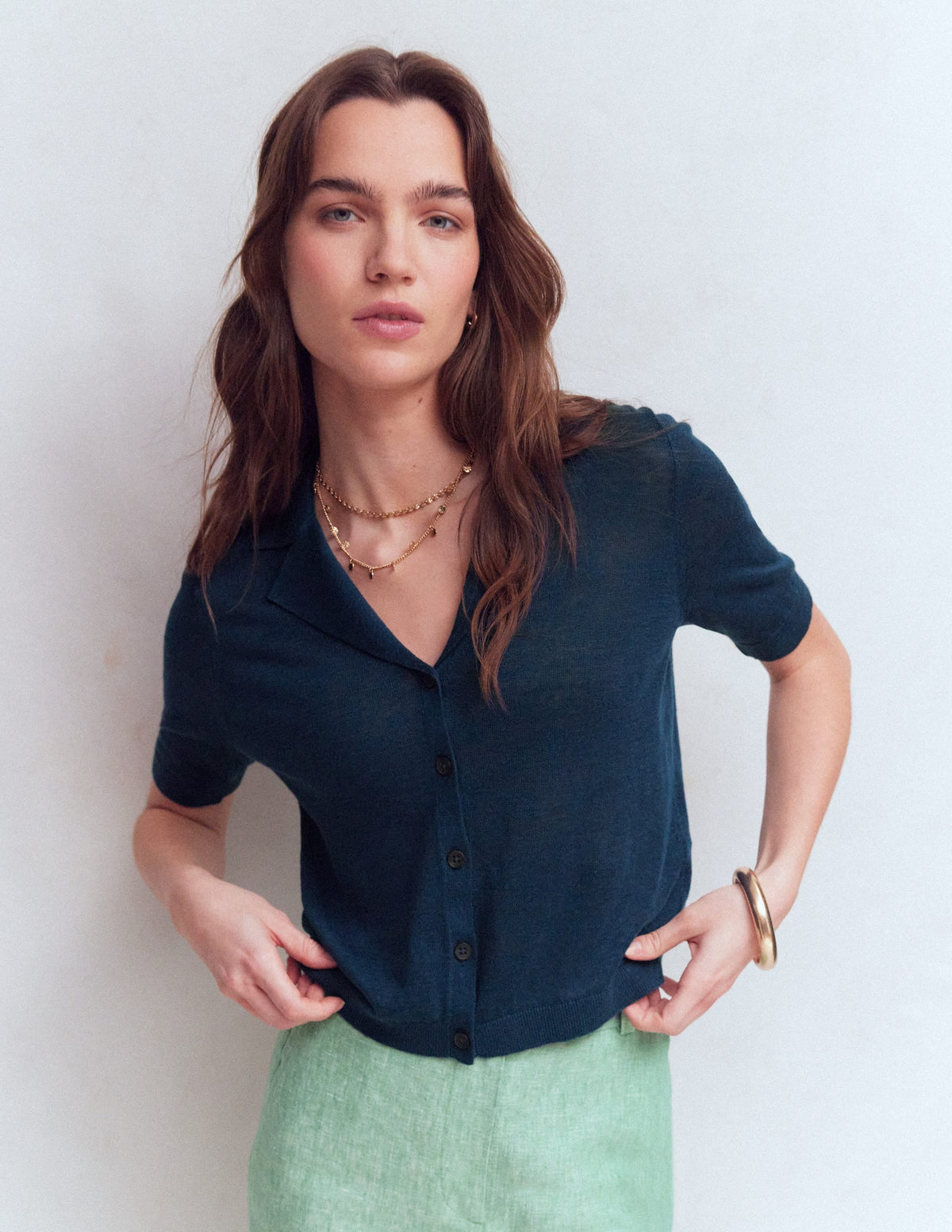 Agnes Collar Linen Cardigan-Navy