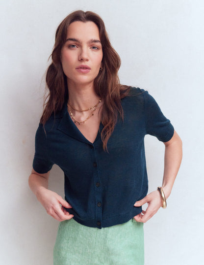 Agnes Collar Linen Cardigan-Navy