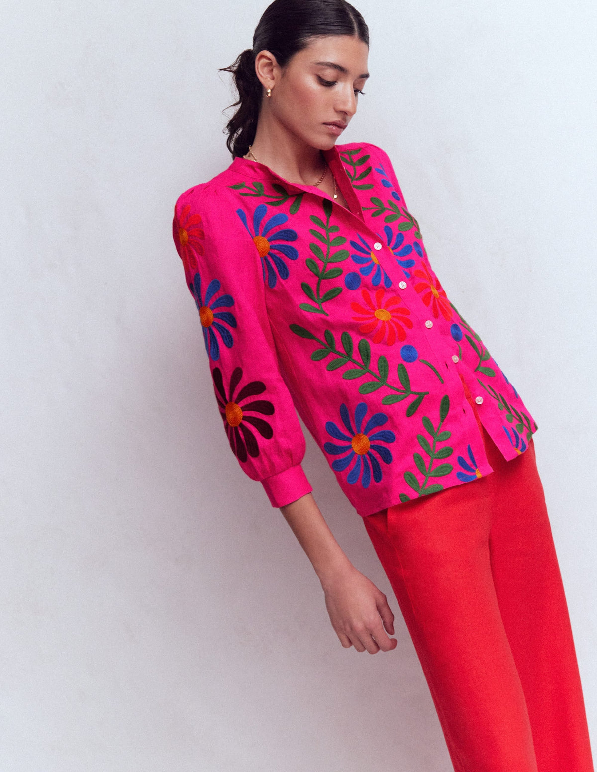 Alicia Linen Top-Pink Peony, Flower Embroidery