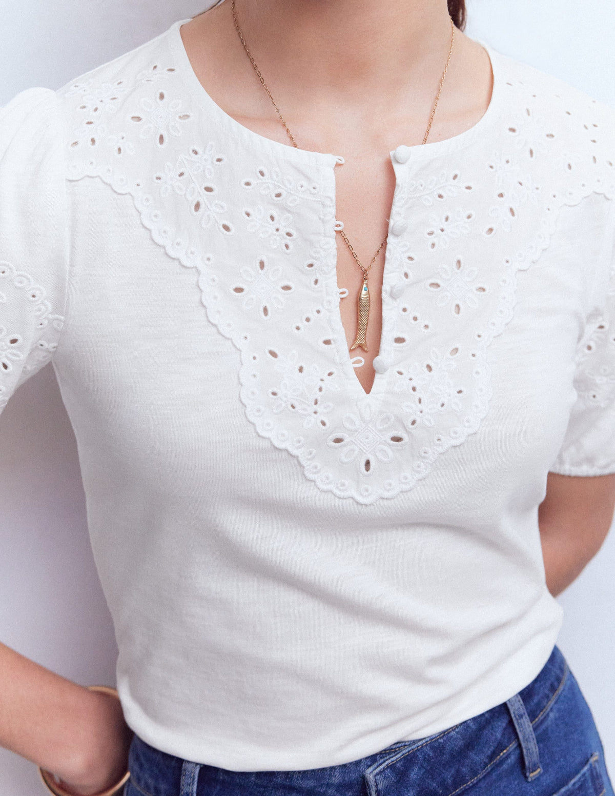Ada Broderie Mix Top-White