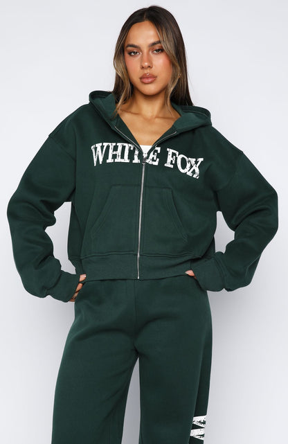 Brand New Start Boxy Zip Front Hoodie Forest Green