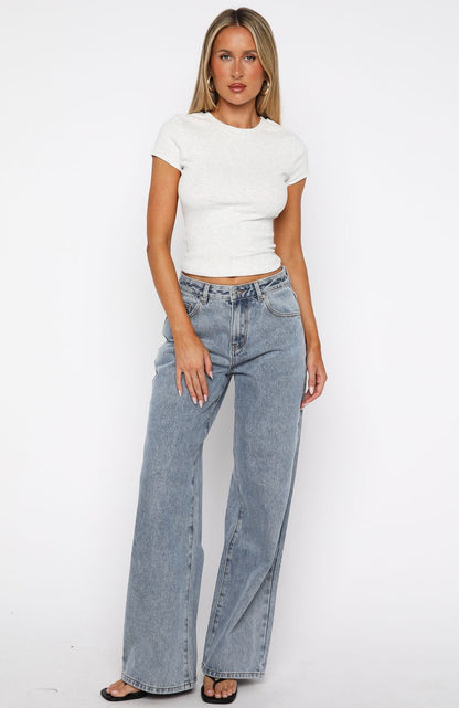 Bring The Drama Mid Rise Wide Leg Jeans Mid Blue Wash
