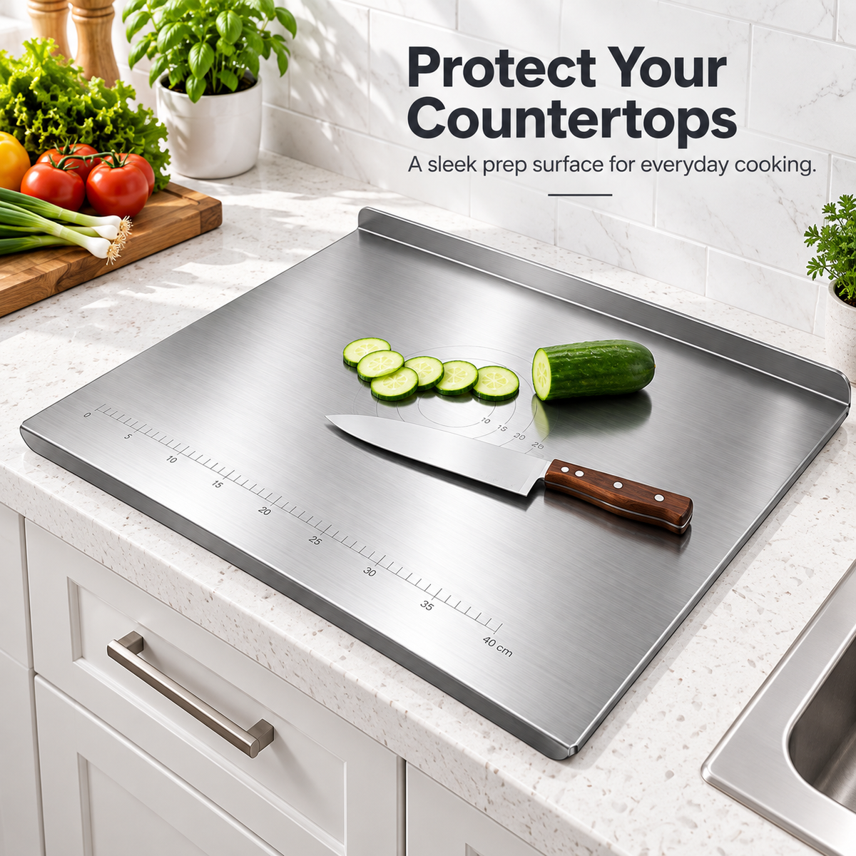 Stainless Steel Countertop Prep Board – Large Kitchen Work Surface with Measurement Guide