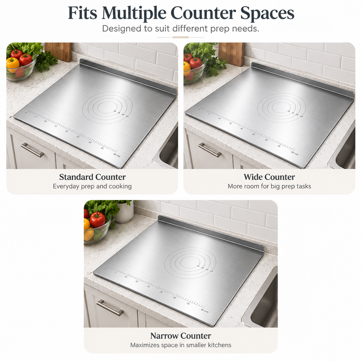 Stainless Steel Countertop Prep Board – Large Kitchen Work Surface with Measurement Guide