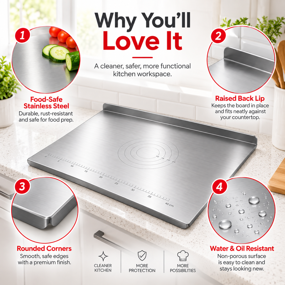 Stainless Steel Countertop Prep Board – Large Kitchen Work Surface with Measurement Guide