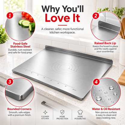 Stainless Steel Countertop Prep Board – Large Kitchen Work Surface with Measurement Guide