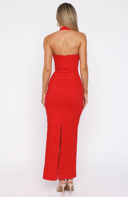 Champagne High Halter Maxi Dress Red