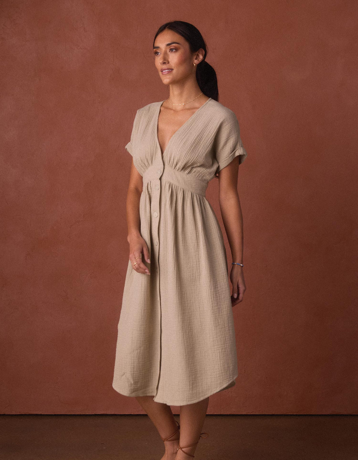 Deep V Button Thru Dress